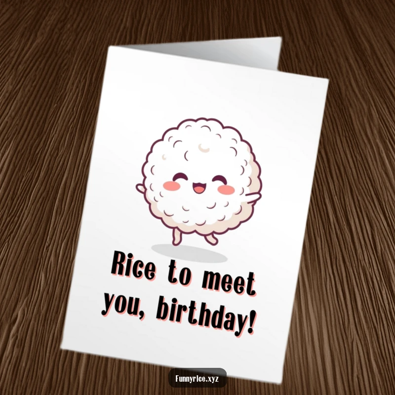 Funny Free Printable Birthday Card: A cheerful blob of rice energetically dances, spreading birthday joy and silly vibes.