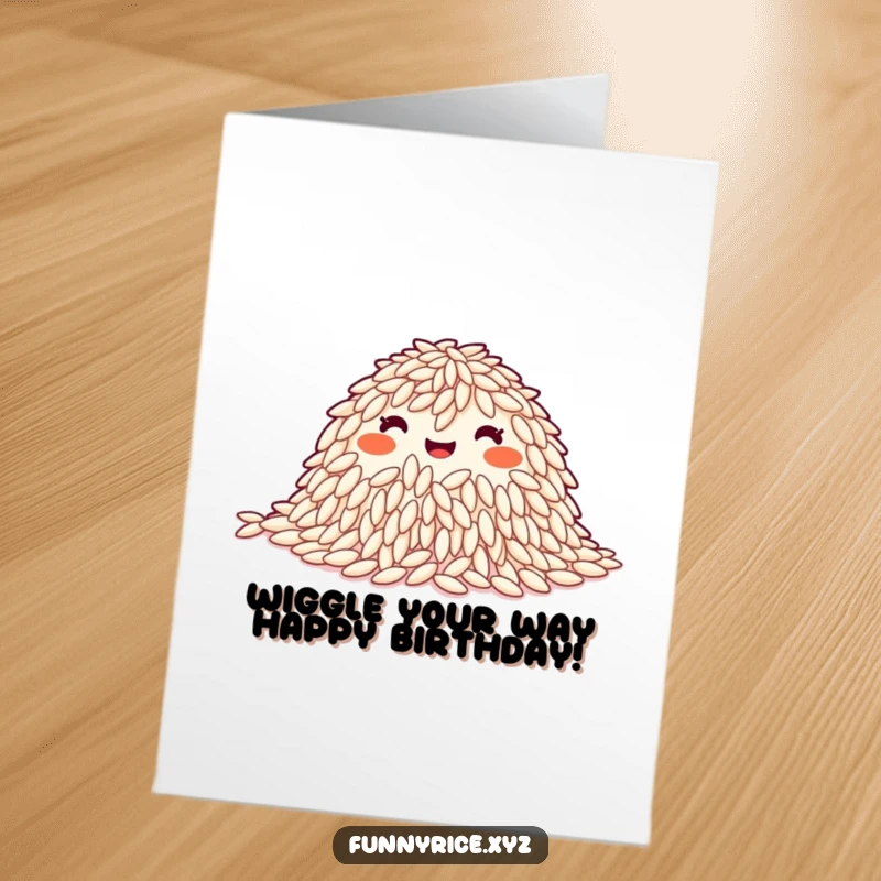 Funny Free Printable Birthday Card showing a happy pile of rice grains performing a synchronized, joyful wiggle.