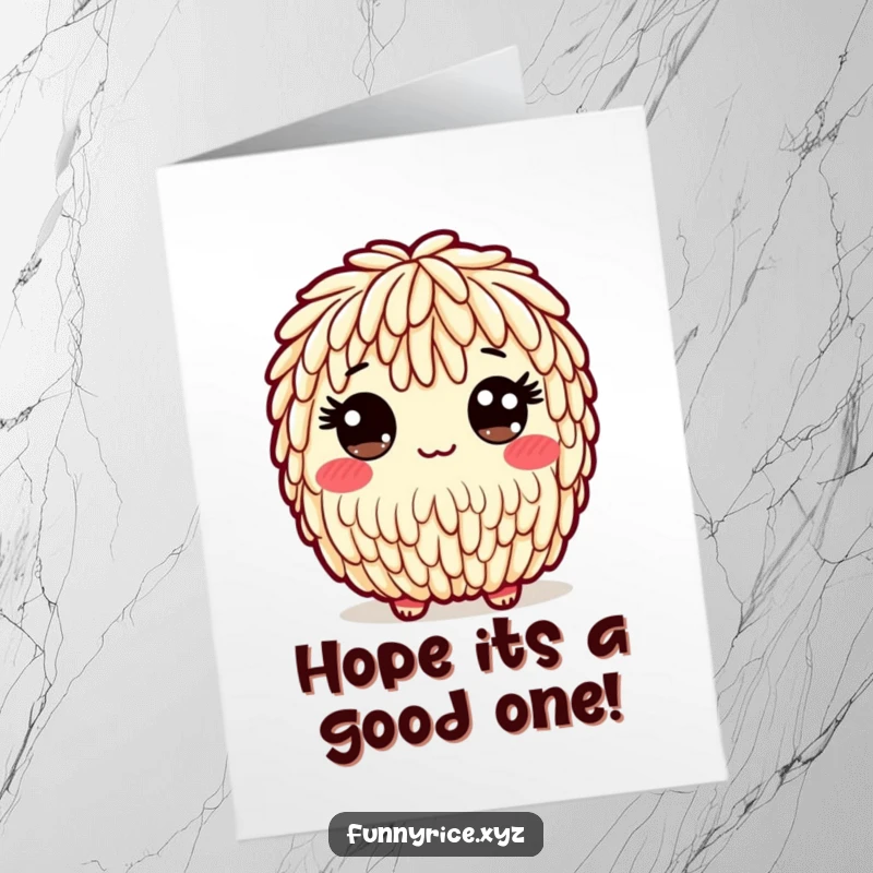 Funny Free Printable Birthday Card showing a playful rice character with wide, friendly eyes, offering a sweet look.