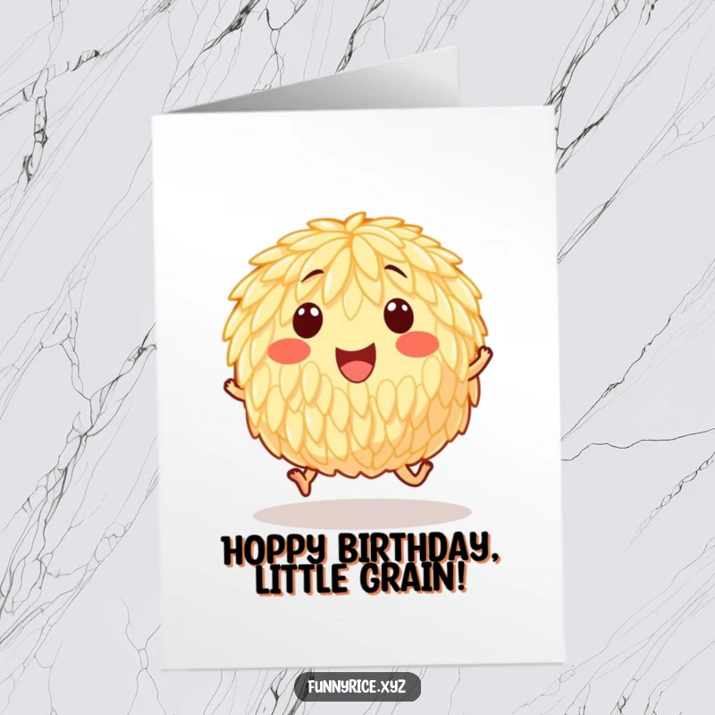 Funny Free Printable Birthday Card: A happy grain of rice joyfully hops, spreading birthday cheer on tiny, invisible feet.