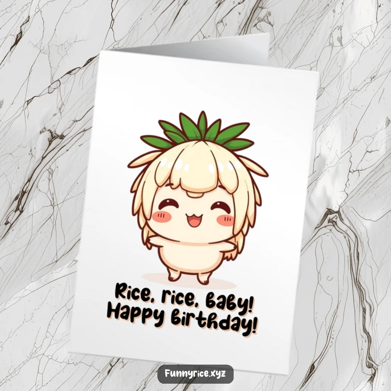 Funny Free Printable Birthday Card: Happy rice character doing a comical head bob dance, spreading joy.