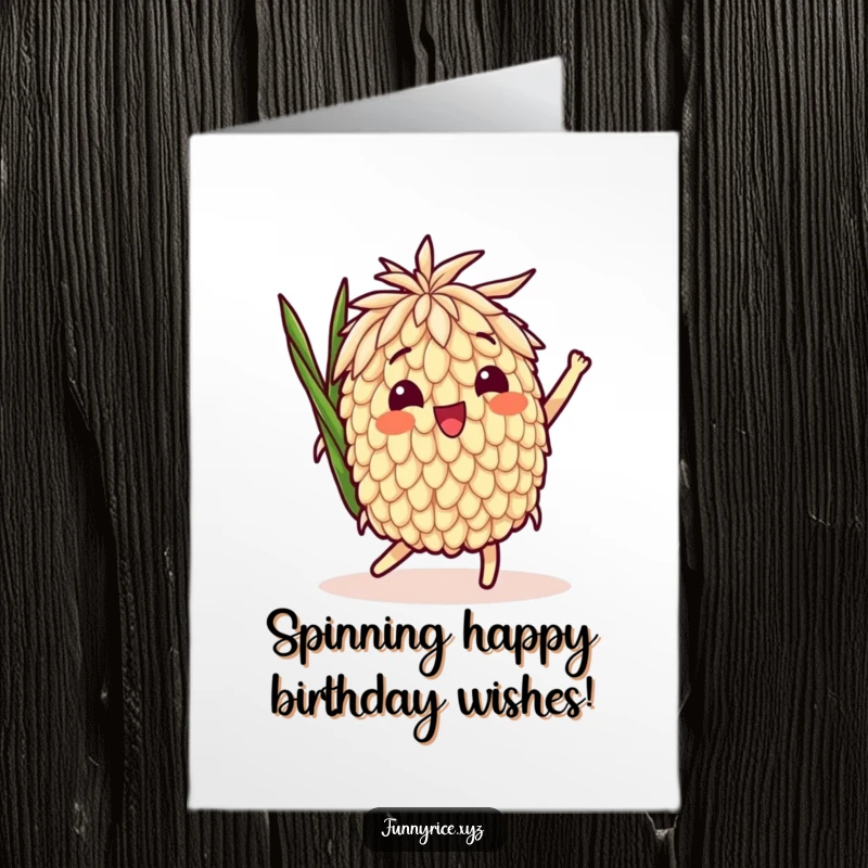 Funny Free Printable Birthday Card of a delighted rice grain character doing a joyful, playful spin with a big smile.