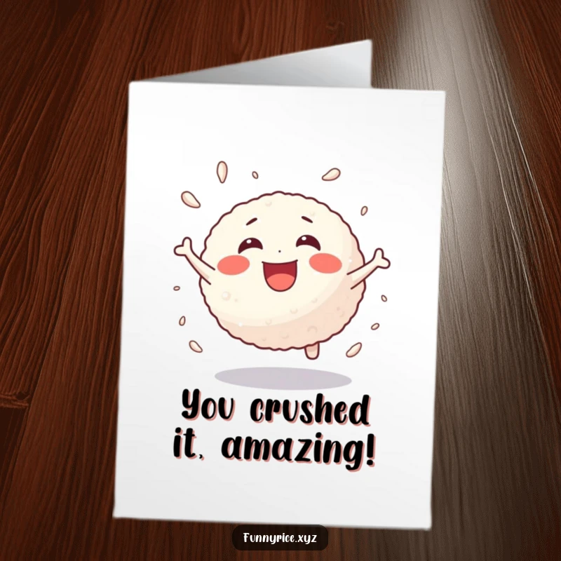 Funny Free Printable Congratulations Card showing a joyful rice ball character bouncing high with energetic delight.
