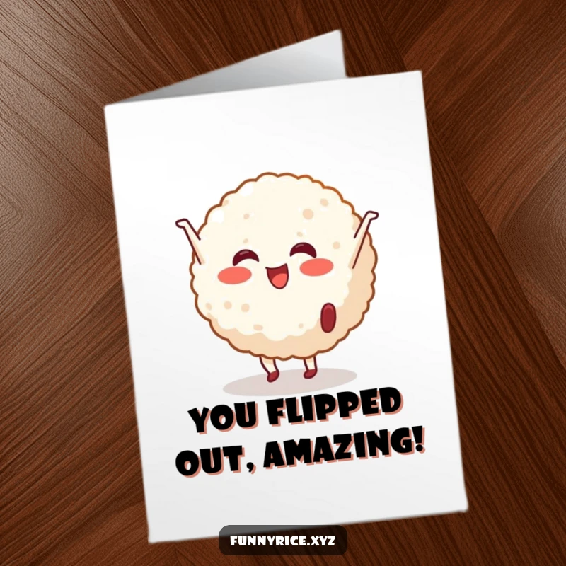 Funny Free Printable Congratulations Card showing a cheerful rice ball character doing a celebratory cartwheel with excitement.