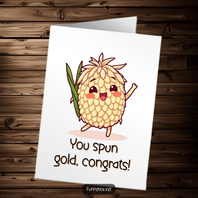 Funny Free Printable Congratulations Card showing a delighted rice grain character doing a celebratory, playful spin.