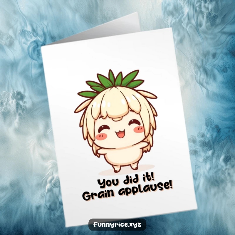 Funny Free Printable Congratulations Card: Happy rice character doing a comical head bob, celebrating success.