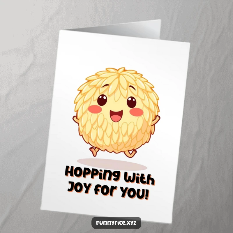 Free Printable Congratulations Card: A happy rice grain hops with excitement, celebrating a successful moment with energetic glee.