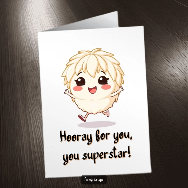 Funny Free Printable Congratulations Card featuring a smiling rice character doing an enthusiastic little hop to celebrate.