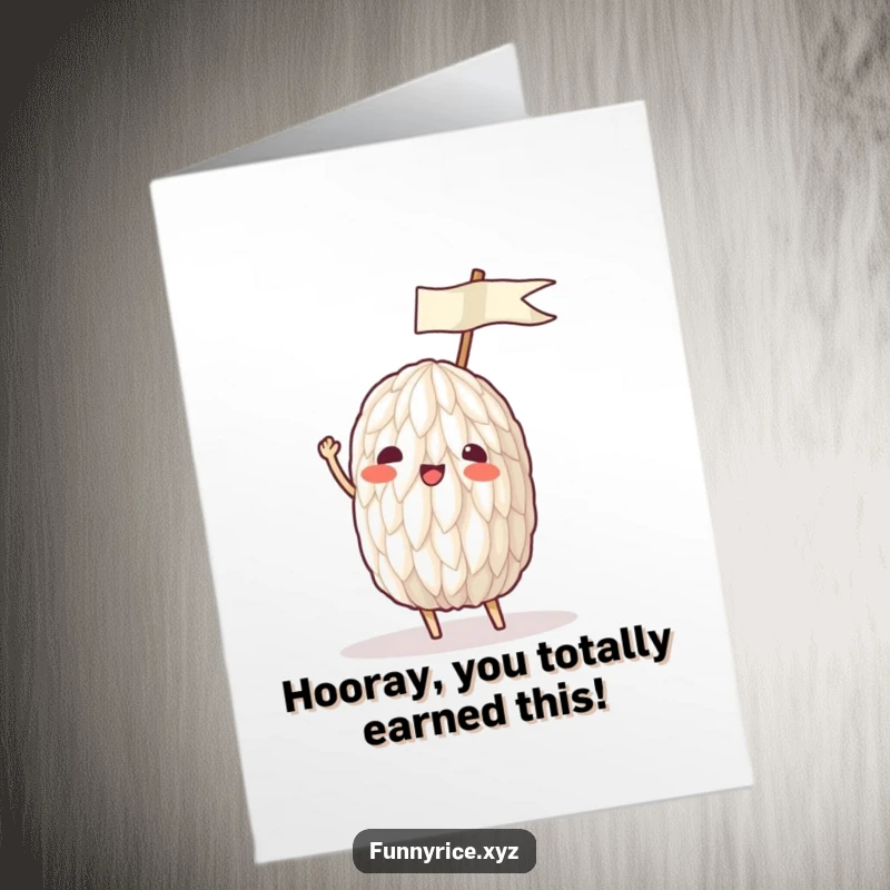 Funny Free Printable Congratulations Card showing a rice grain character energetically waving a tiny ricepaper flag in celebration.