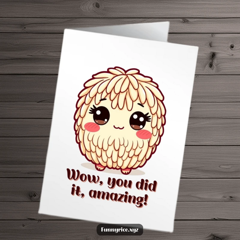 Funny Free Printable Congratulations Card featuring a playful rice character with wide, innocent eyes and a friendly expression.