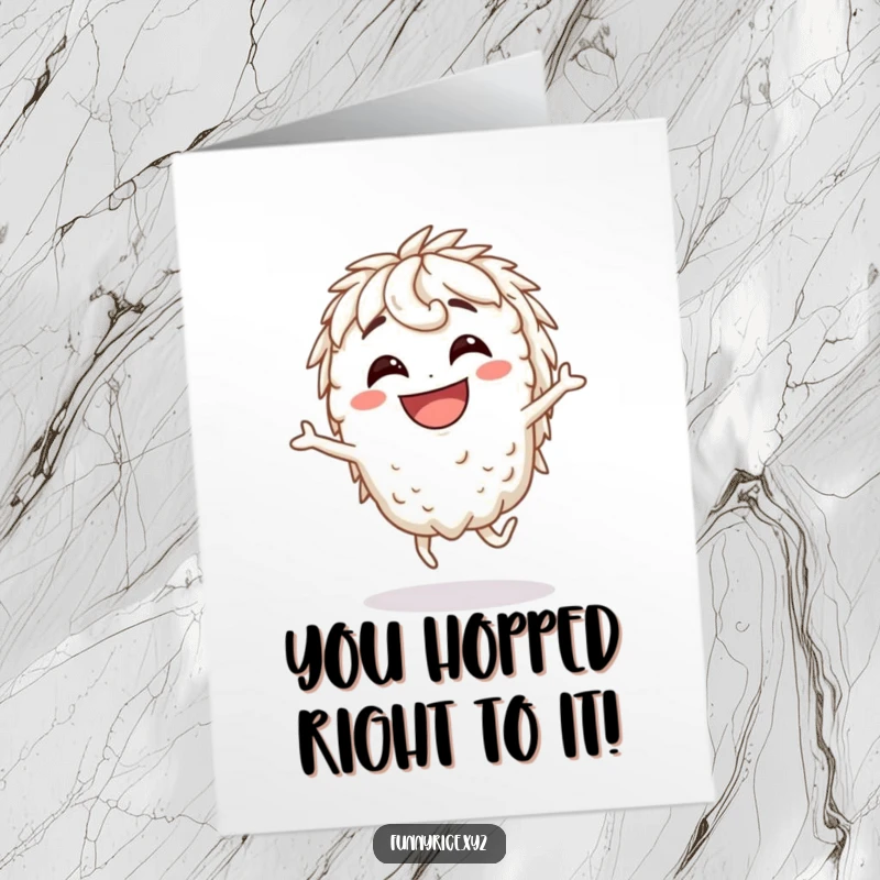 Funny Free Printable Congratulations Card showing a grinning rice character joyfully hopping to signify success.
