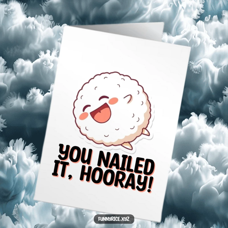 Funny Free Printable Congratulations Card showing a laughing rice ball character tumbling head over heels in celebration.
