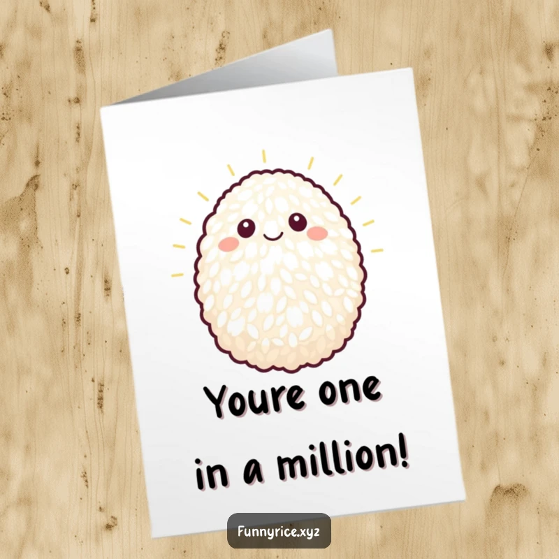 Funny Free Printable Congratulations Card showcasing a beaming bright rice grain character cheering enthusiastically for success.