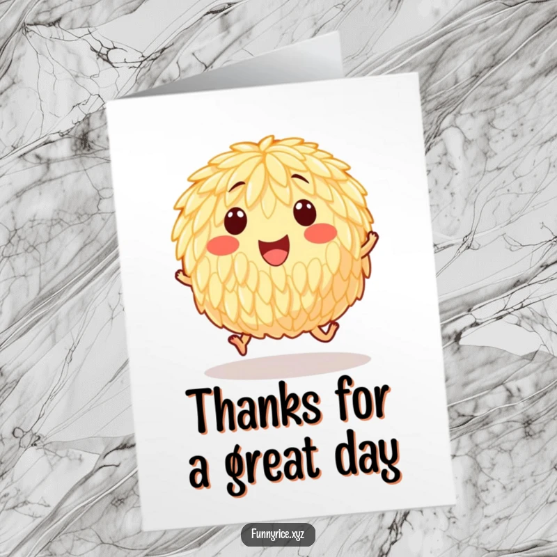 Funny Free Printable Thank You Card: A happy grain of rice hops energetically, conveying thanks with a sweet and bouncy gesture.