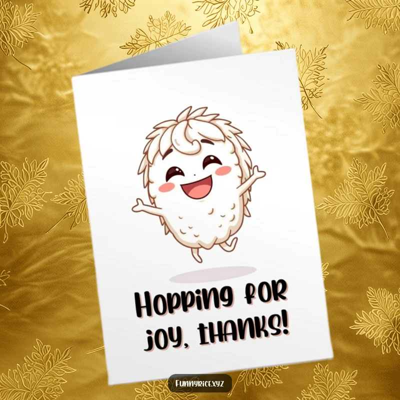 Funny Free Printable Thank You Card featuring a grinning rice character performing a joyful, silly hop.