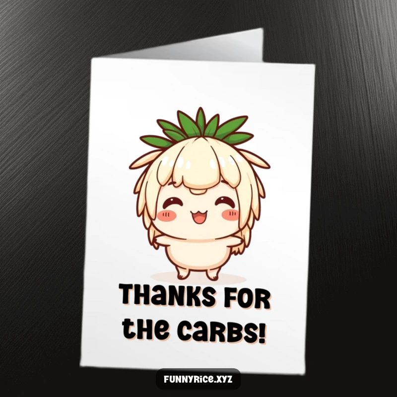 Funny Free Printable Thank You Card: Happy rice character doing a comical head bob, showing gratitude.