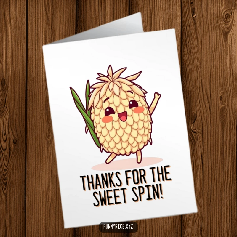 Funny Free Printable Thank You Card of a delighted rice grain character doing a thankful, playful spin.