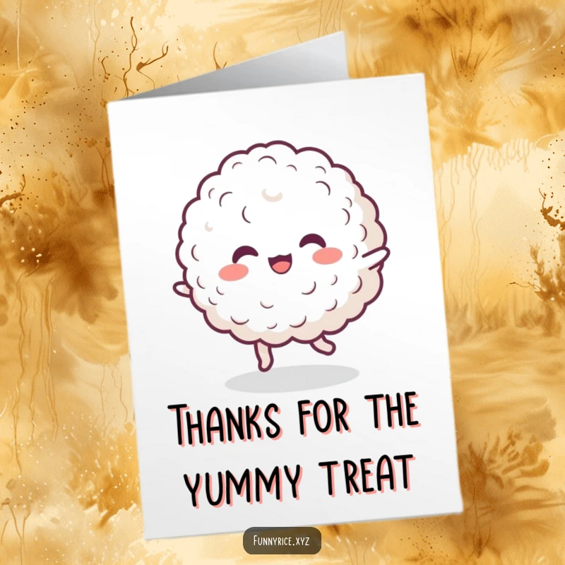 Funny Free Printable Thank You Card: A happy rice blob does a little dance, expressing thanks with playful energy and a big smile.