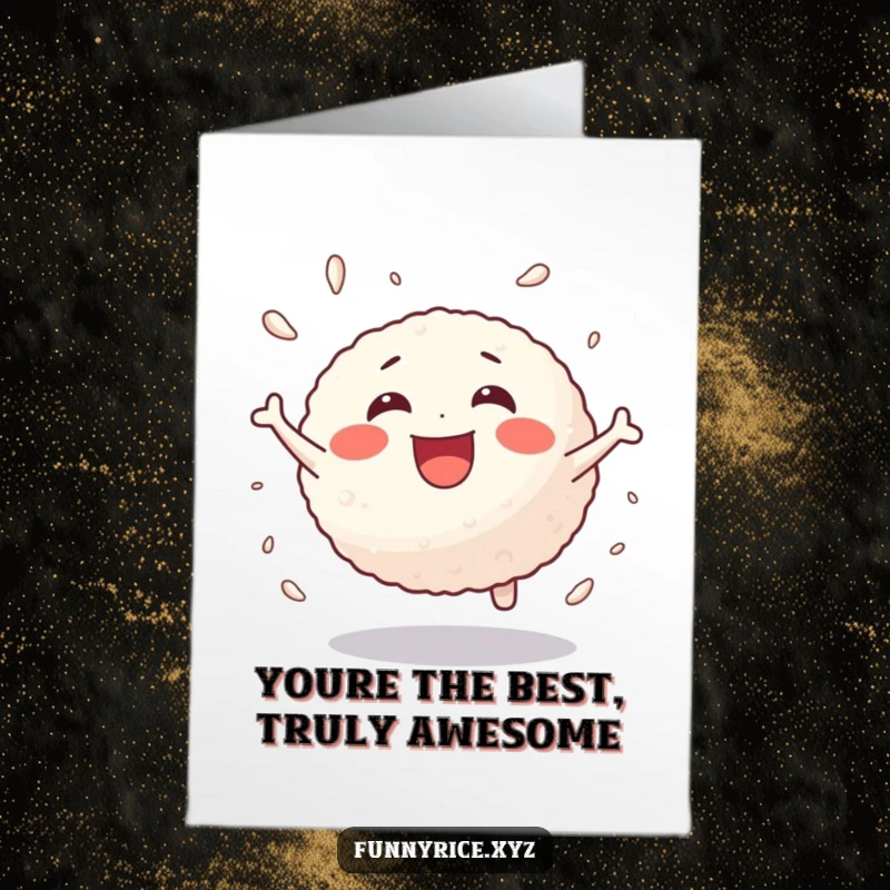 Funny Free Printable Thank You Card of a joyful rice ball character bouncing enthusiastically as a thank you.