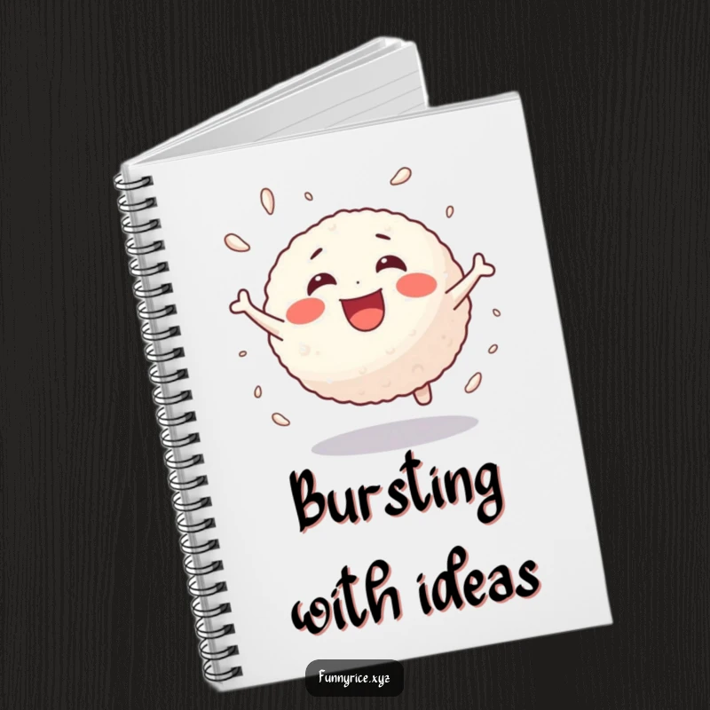 Funny notebook with a joyful rice ball bouncing with energetic delight, perfect for notes.