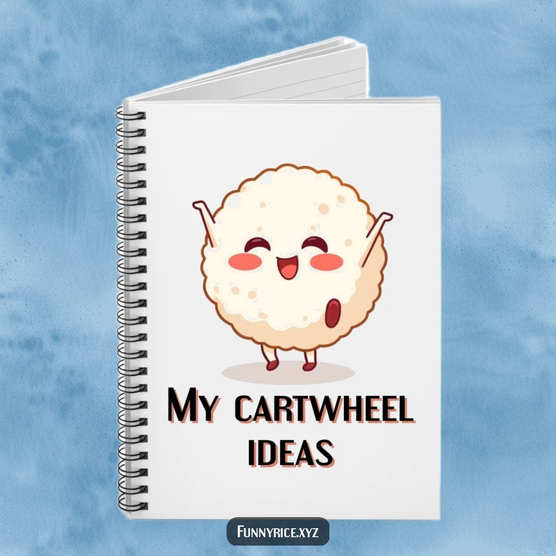 Funny Notebook: A cheerful rice ball character performing a cartwheel, inspiring energetic thoughts and funny ideas.
