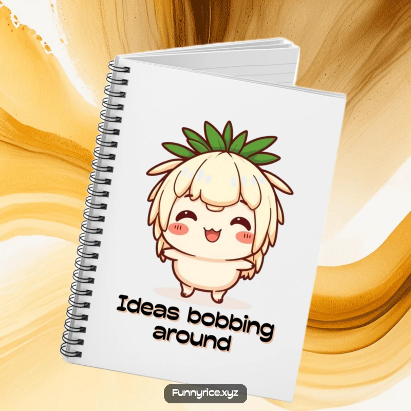 Funny notebook with a cheerful rice character doing a comical head bob, perfect for writing and sketching.