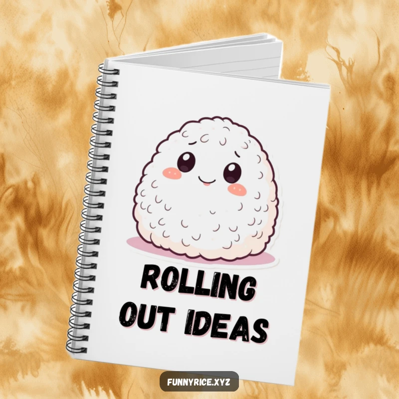 Funny notebook featuring a smiling mound of rice rolling playfully, encouraging users to jot down whimsical and fun ideas.