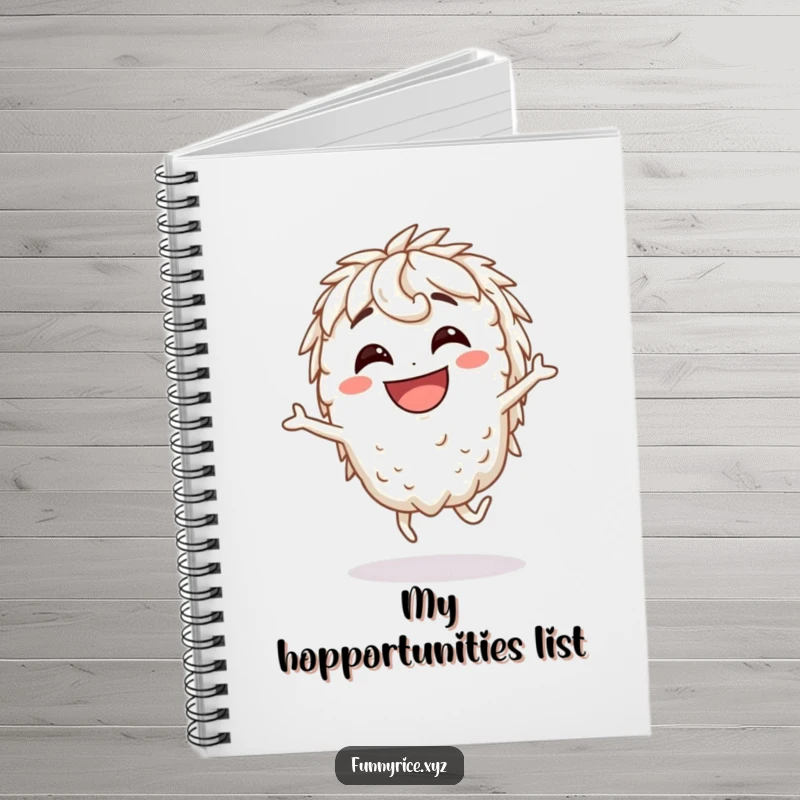 Funny Notebook: A grinning rice character in a silly hop, inspiring funny thoughts and creative ideas.