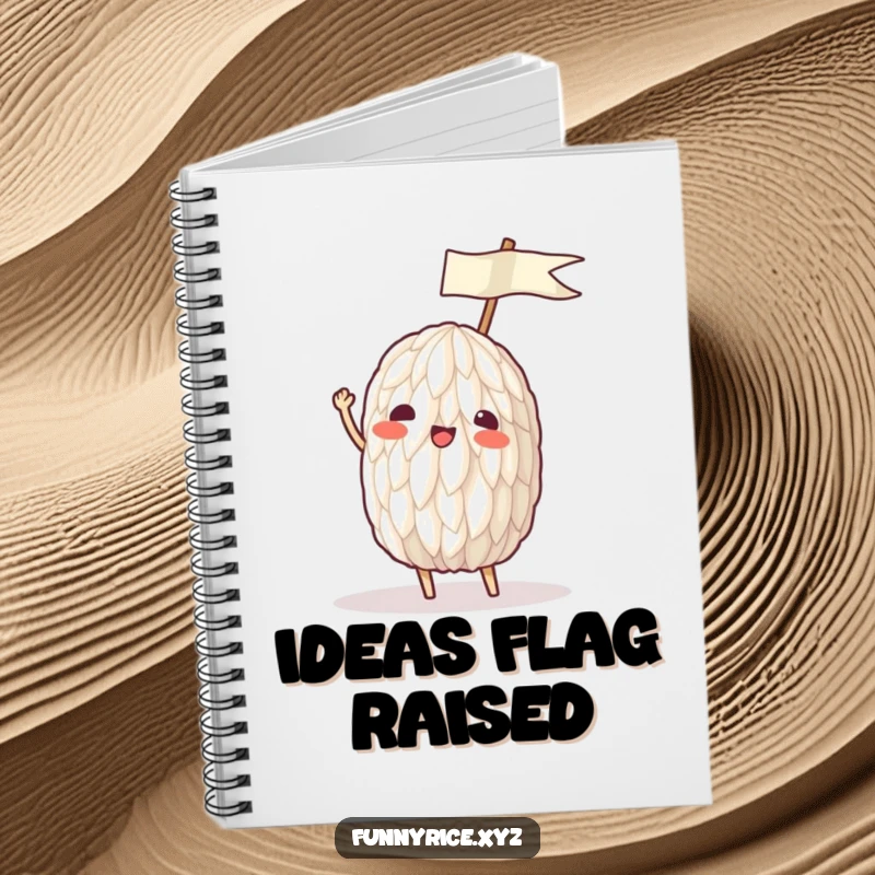 Funny notebook with a rice grain enthusiastically waving a tiny ricepaper flag, perfect for notes.