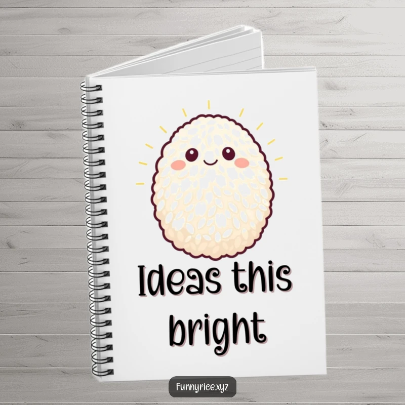 Funny notebook featuring a single grain of rice beaming brightly, ideal for writing and drawing.