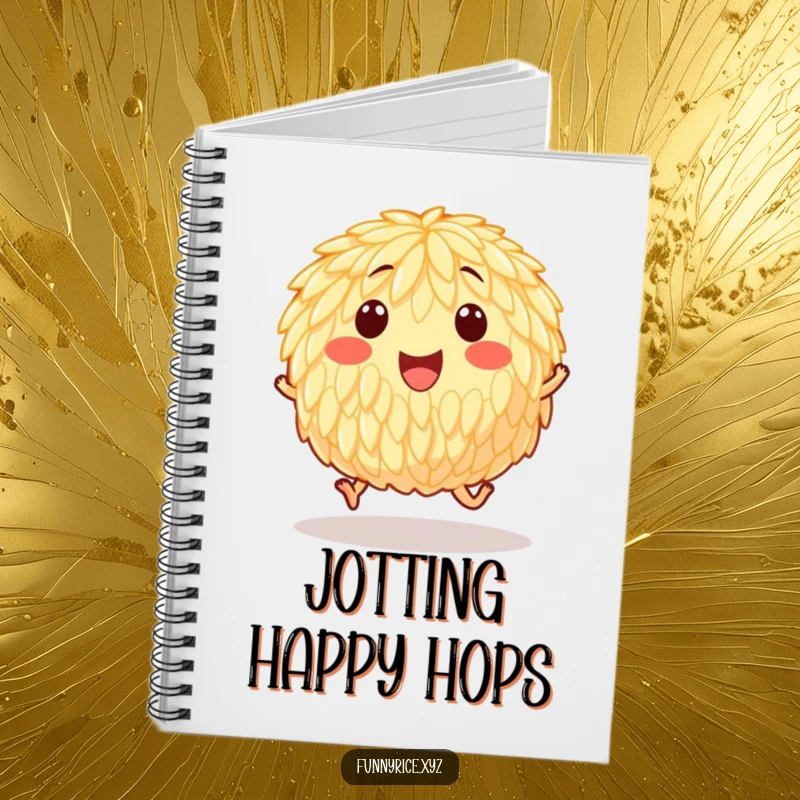 Funny notebook featuring a happy grain of rice hopping, encouraging users to jot down energetic ideas and thoughts.