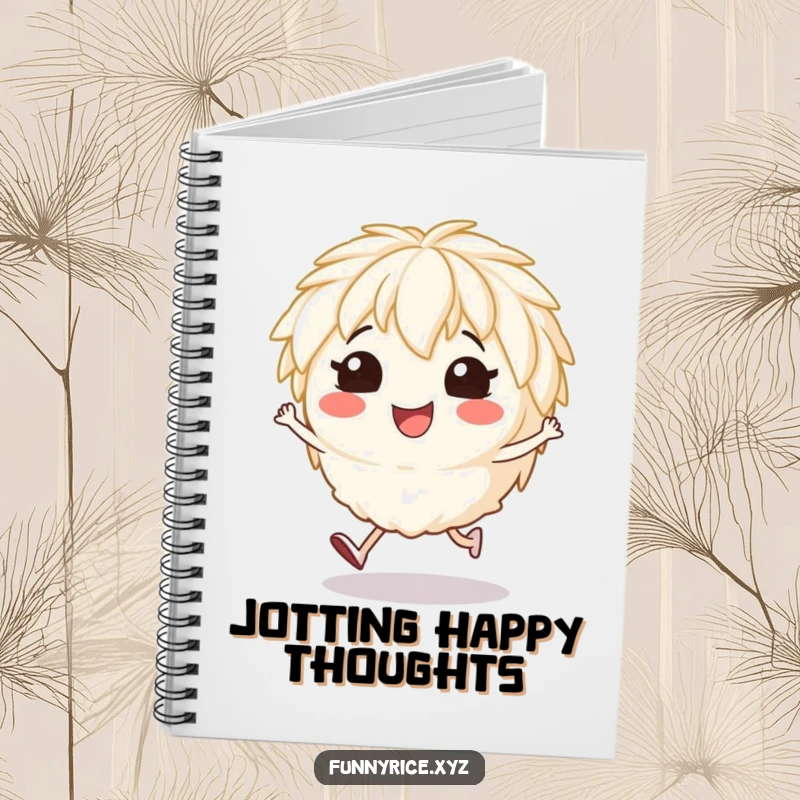 Funny notebook with a smiling rice character doing a cheerful hop, perfect for jotting notes.