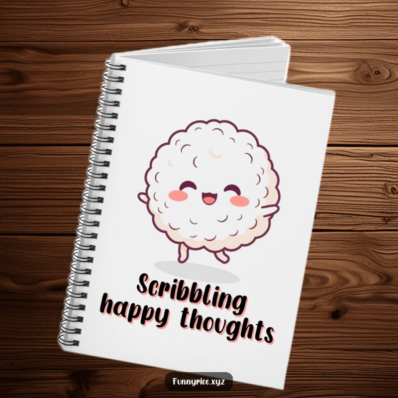 Funny notebook featuring a dancing rice blob, encouraging users to jot down happy thoughts and creative ideas.