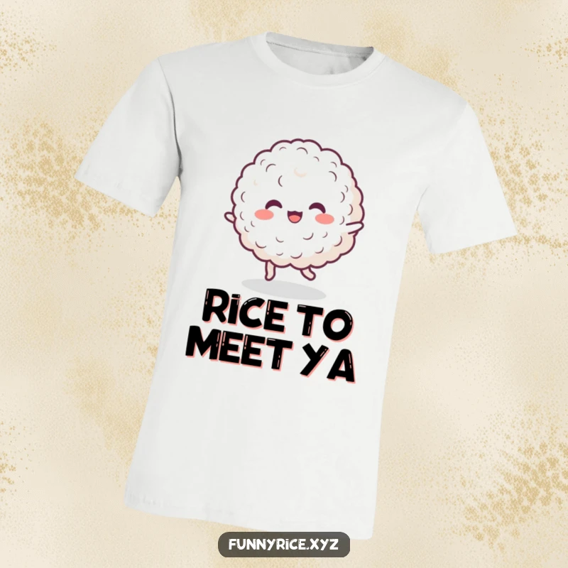 Funny T-shirt with a cheerful blob of rice doing a lively dance, embodying happiness and carefree fun.