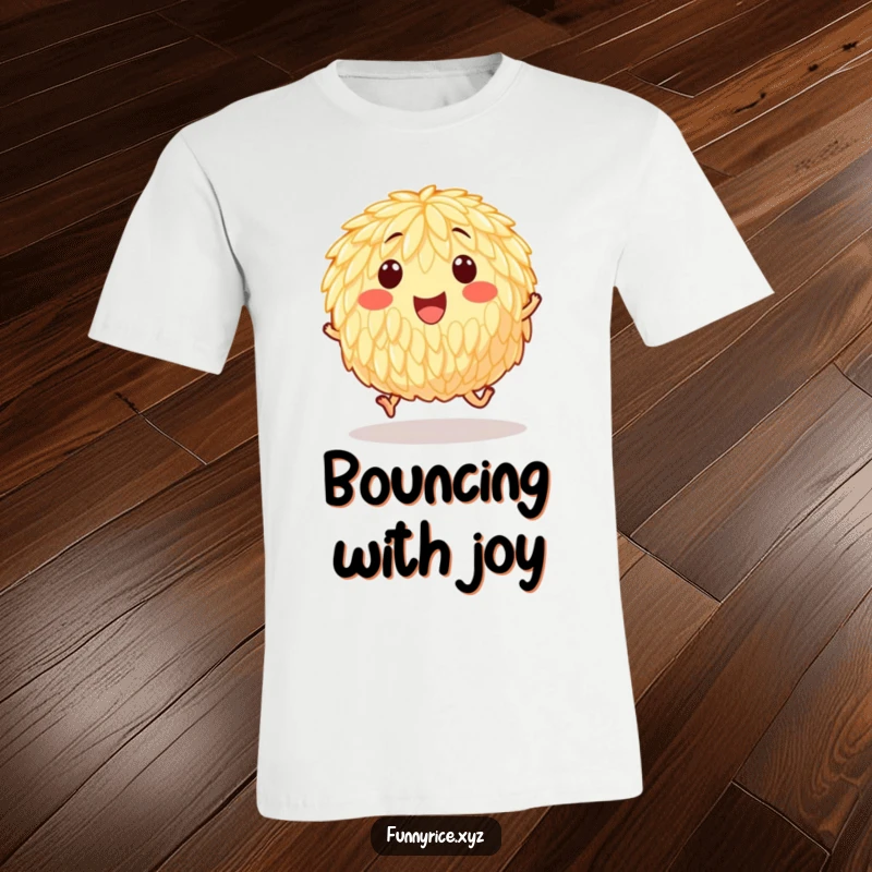 Funny T-shirt featuring a happy grain of rice hopping with invisible feet, symbolizing boundless energy and cheerfulness.