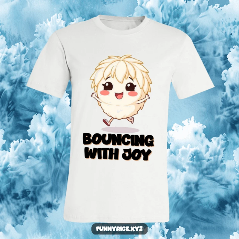 Funny t-shirt featuring a smiling rice character mid-hop, conveying pure, unadulterated joy.
