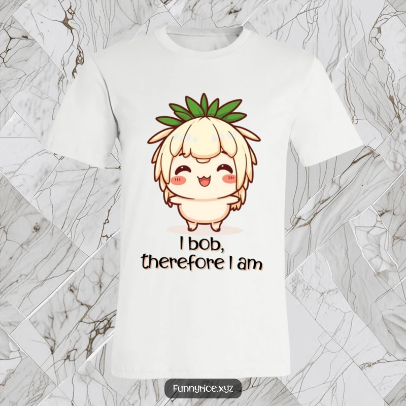 Funny t-shirt showcasing a cheerful rice character in mid-head bob, radiating pure comical energy and happiness.