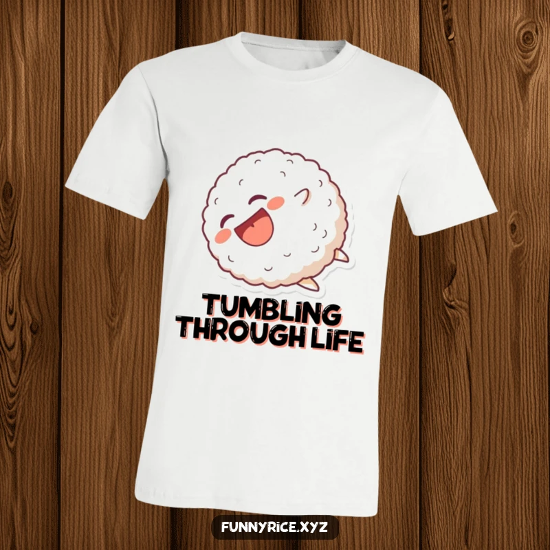 Funny T-Shirt: A laughing rice ball character caught mid-tumble, conveying pure, uninhibited, comical delight.