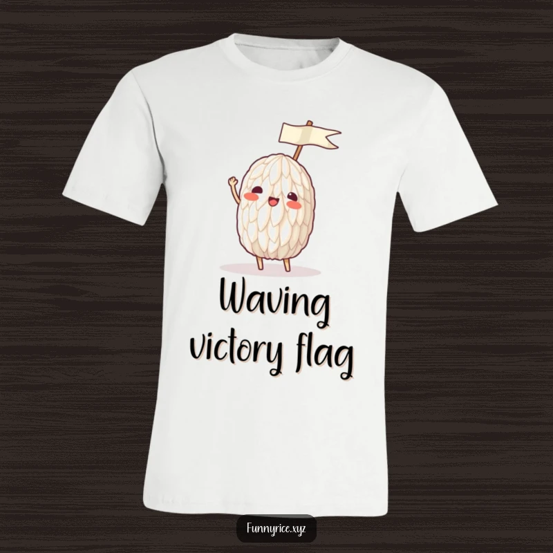 Funny t-shirt featuring a rice grain enthusiastically waving a tiny ricepaper flag, full of excitement.
