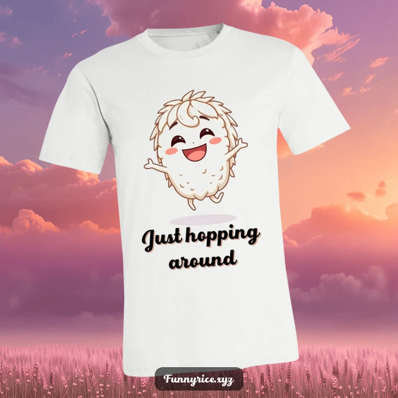 Funny T-Shirt: A grinning rice character captured mid-silly hop, showcasing an infectious and comical sense of movement.