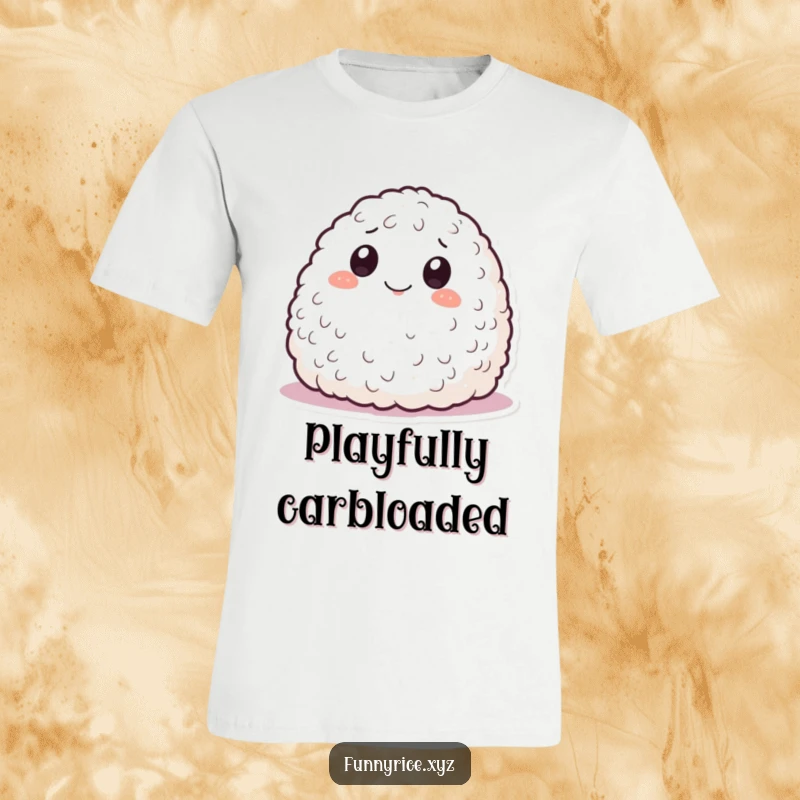 Funny T-shirt featuring a smiling mound of rice with eyes rolling playfully, embodying carefree joy and lightheartedness.