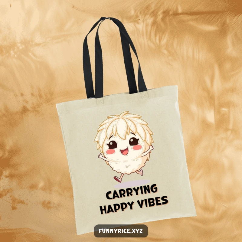 Funny tote bag showing a smiling rice character doing a cheerful hop, perfect for daily use.