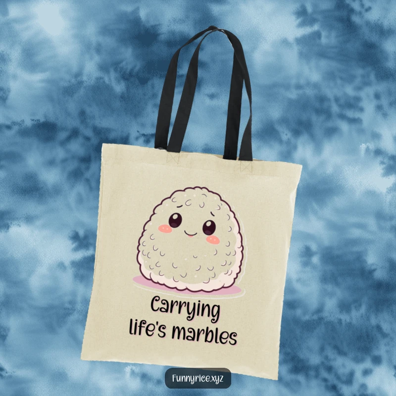 Funny tote bag featuring a smiling rice mound rolling playfully, a practical accessory for carrying essentials with a mischievous touch.