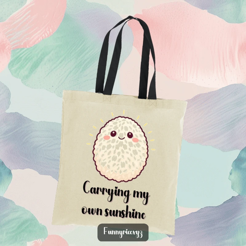 Funny tote bag featuring a single grain of rice beaming brightly, perfect for everyday use.