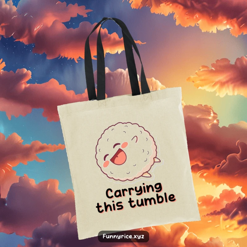 Funny Tote Bag: A laughing rice ball character comically tumbling head over heels, a cheerful sight for sore eyes.