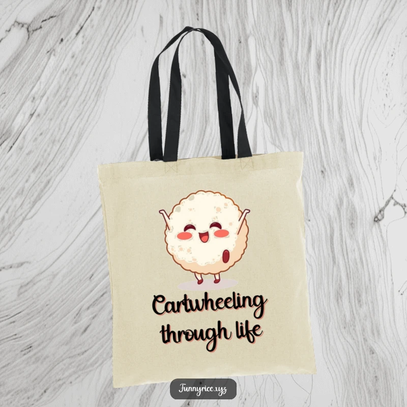 Funny Tote Bag: A cheerful rice ball character performing a cartwheel, ready to bring smiles wherever you go.