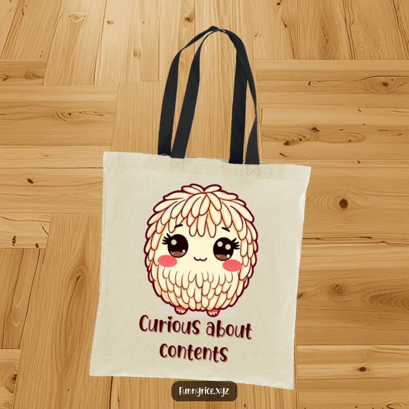 Funny tote bag featuring a playful rice character with a friendly, wide-eyed look, ideal for daily use.