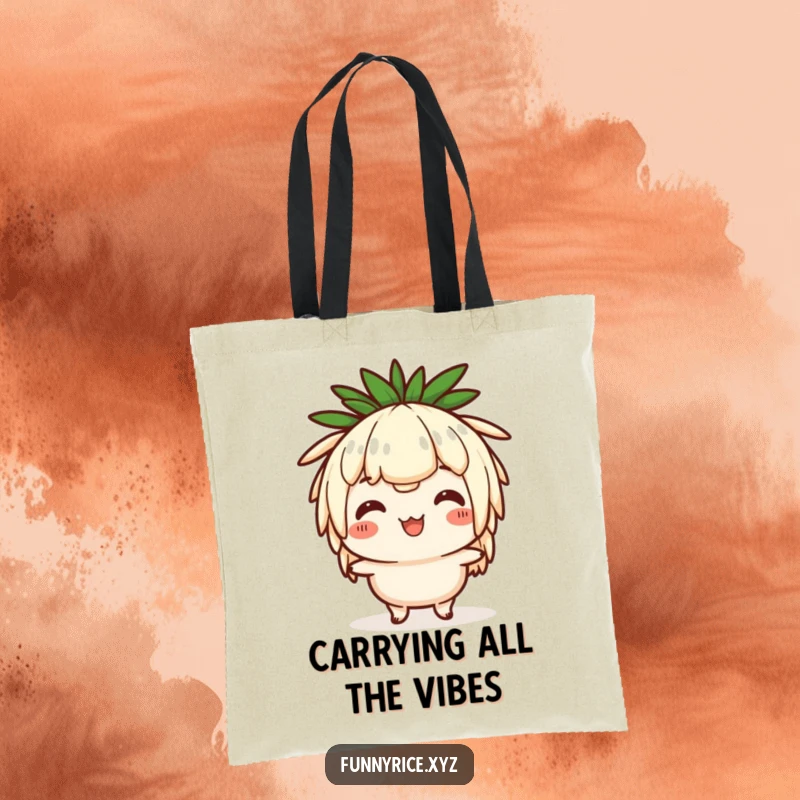 Funny tote bag with a cute rice character doing a comical head bob, great for errands and spreading joy.