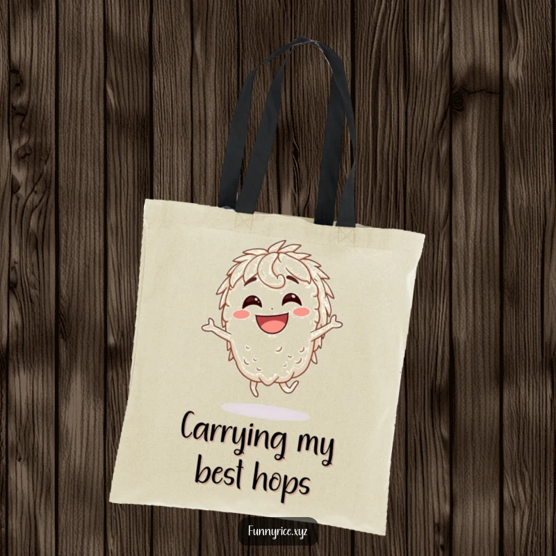 Funny Tote Bag: A grinning rice character enthusiastically performing a silly hop, ready for any adventure.