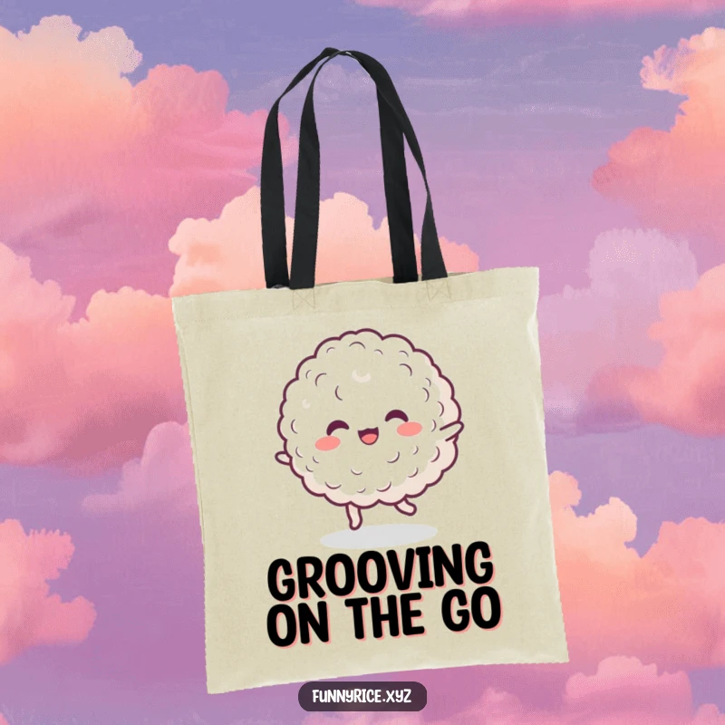 Funny tote bag featuring a cheerful rice blob dancing joyfully, a practical accessory for carrying essentials with personality.